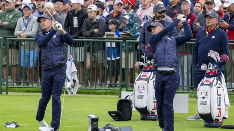 September 21, 2021; Kolher, Wisconsin, USA; U.S. Team players Jordan Spieth (left) and Justin Thomas (right) hit on the driving range during a practice round for the 43rd Ryder Cup golf competition at Whistling Straits. Mandatory Credit: Kyle Terada-USA TODAY Sports