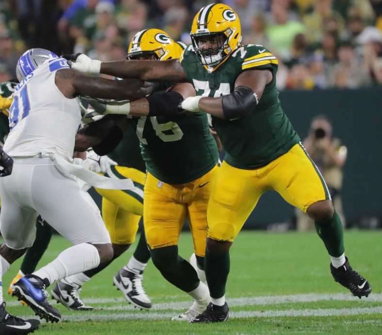 Green Bay Packers offensive guard Elgton Jenkins (74) provides pass protection during the second quarter of their game Monday, September 20, 2021 at Lambeau Field in Green Bay, Wis. The Green Bay Packers beat the Detroit Lions 35-17.

Packers21 32