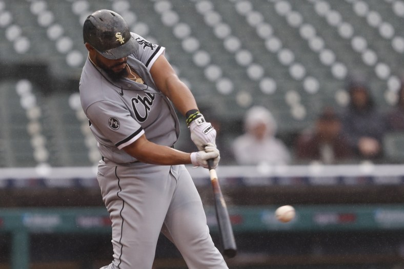 Sep 21, 2021; Detroit, Michigan, USA; Chicago White Sox first baseman Jose Abreu (79) hits a single during the third inning against the Detroit Tigers at Comerica Park. Mandatory Credit: Raj Mehta-USA TODAY Sports