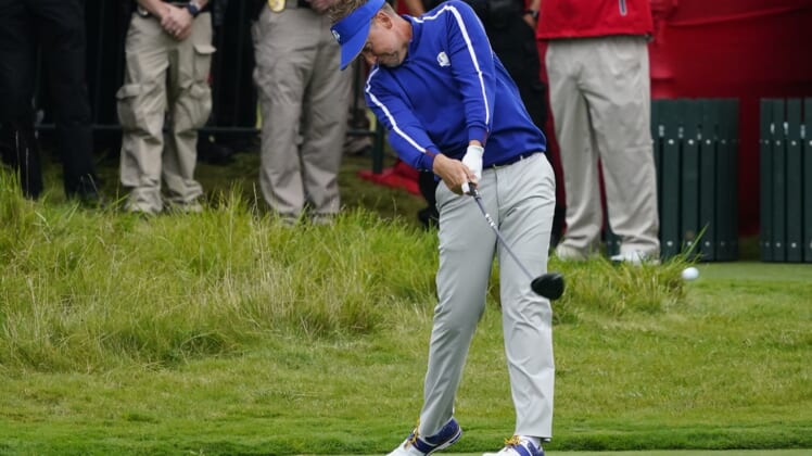 Sep 21, 2021; Kohler, Wisconsin, USA; Ian Poulter hits his tee shot on the 10th hole during practice rounds for the 43rd Ryder Cup golf competition at Whistling Straits. Mandatory Credit: Michael Madrid-USA TODAY Sports