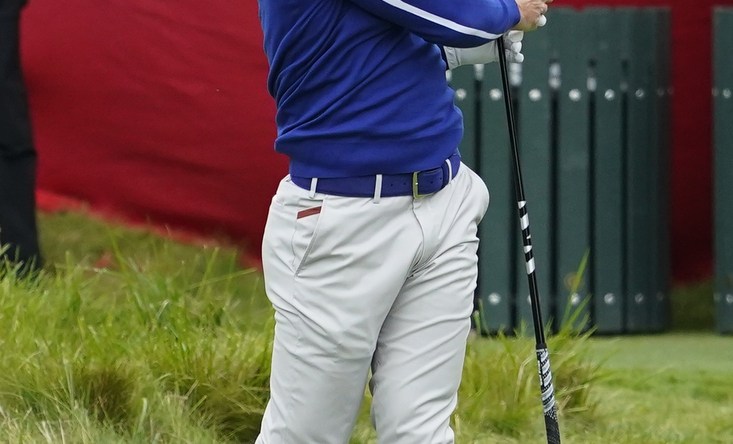 Sep 21, 2021; Kohler, Wisconsin, USA; Rory McIlroy hits his tee shot on the 10th hole during practice rounds for the 43rd Ryder Cup golf competition at Whistling Straits. Mandatory Credit: Michael Madrid-USA TODAY Sports