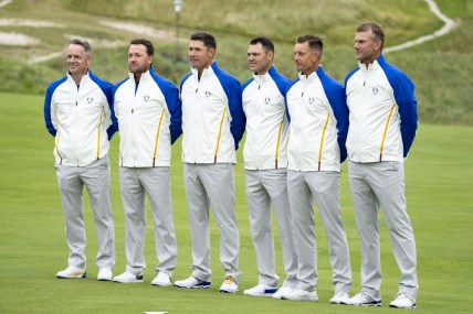 September 21, 2021; Kohler, Wisconsin, USA; Team Europe captain Padraig Harrington (third from left) poses with his vice-captains (L-R) Luke Donald, Graeme McDowell, Martin Kaymer, Henrik Stenson, and Robert Karlsson during a practice round for the 43rd Ryder Cup golf competition at Whistling Straits. Mandatory Credit: Kyle Terada-USA TODAY Sports