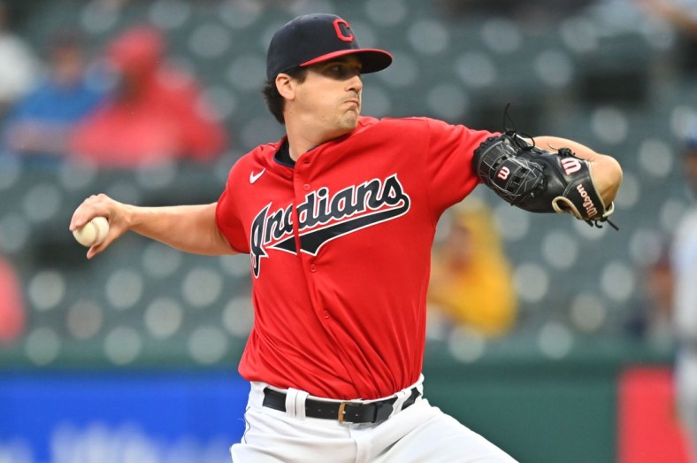 Sep 21, 2021; Cleveland, Ohio, USA; Cleveland Indians starting pitcher Cal Quantrill (47) throws a pitch during the first inning against the Kansas City Royals at Progressive Field. Mandatory Credit: Ken Blaze-USA TODAY Sports