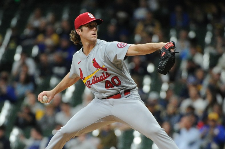 Sep 21, 2021; Milwaukee, Wisconsin, USA;  St. Louis Cardinals starting pitcher Jake Woodford (40) delivers a pitch against the Milwaukee Brewers in the first inning at American Family Field. Mandatory Credit: Michael McLoone-USA TODAY Sports