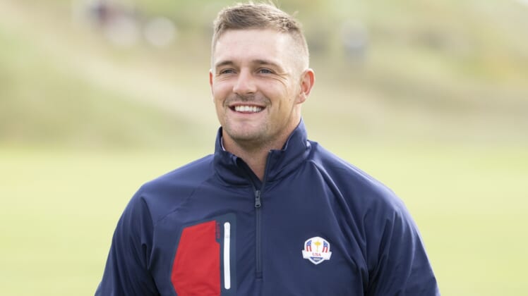 September 22, 2021; Haven, Wisconsin, USA; Team USA player Bryson DeChambeau poses for a photo during a practice round for the 43rd Ryder Cup golf competition at Whistling Straits. Mandatory Credit: Kyle Terada-USA TODAY Sports