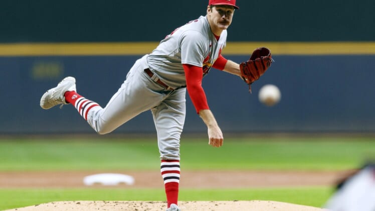 Sep 22, 2021; Milwaukee, Wisconsin, USA;  St. Louis Cardinals pitcher Miles Mikolas (39) throws against the Milwaukee Brewers during the first inning at American Family Field. Mandatory Credit: Jeff Hanisch-USA TODAY Sports