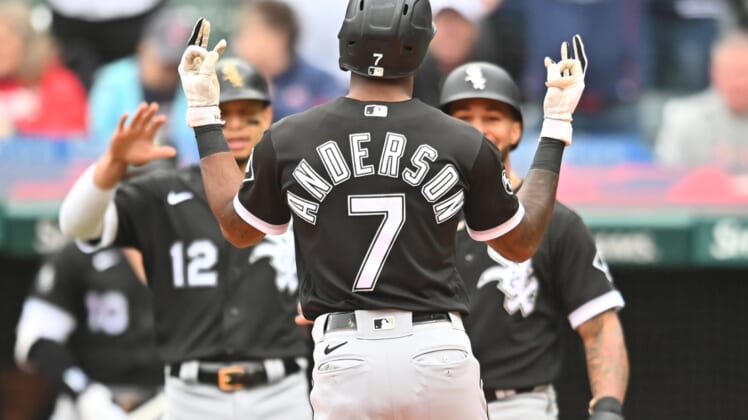 Sep 23, 2021; Cleveland, Ohio, USA; Chicago White Sox shortstop Tim Anderson (7) celebrates after hitting his second home run of the game during the second inning against the Cleveland Indians at Progressive Field. Mandatory Credit: Ken Blaze-USA TODAY Sports