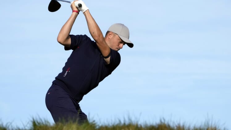 Sep 24, 2021; Haven, Wisconsin, USA; Team USA player Justin Thomas plays his shot from the ninth tee during day one foursome rounds for the 43rd Ryder Cup golf competition at Whistling Straits. Mandatory Credit: Michael Madrid-USA TODAY Sports