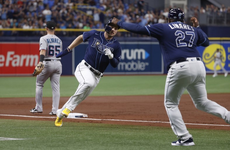Sep 24, 2021; St. Petersburg, Florida, USA; Tampa Bay Rays designated hitter Austin Meadows (17) runs home to score a run during the first inning against the Miami Marlins at Tropicana Field. Mandatory Credit: Kim Klement-USA TODAY Sports