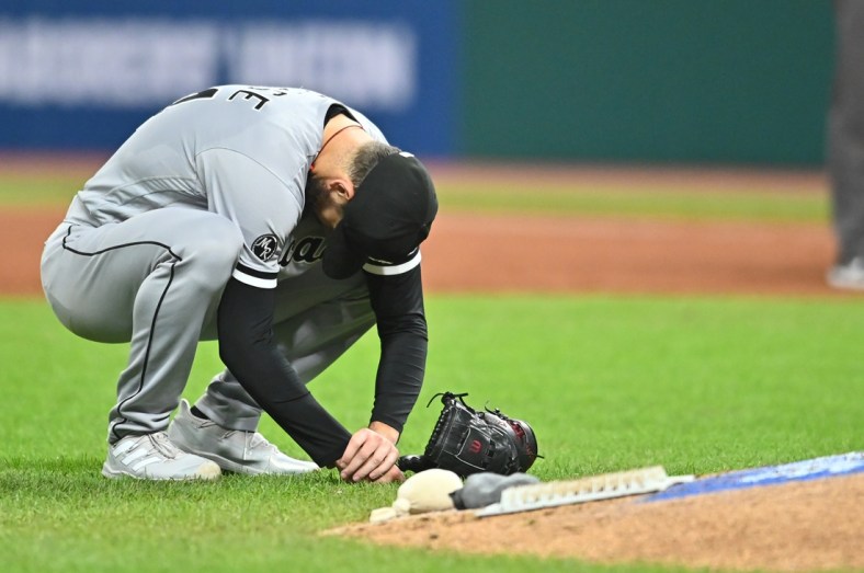 Sep 24, 2021; Cleveland, Ohio, USA; Chicago White Sox starting pitcher Dylan Cease (84) reacts after being hit in the arm with the ball off the bat of Cleveland Indians center fielder Bradley Zimmer (not pictured) during the sixth inning at Progressive Field. Mandatory Credit: Ken Blaze-USA TODAY Sports