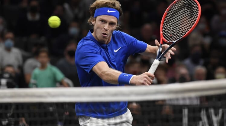 Sep 24, 2021; Boston, MA, USA;  Team Europes Andrey Rublev hits a shot against Team Worlds Diego Schwartzman during the Laver Cup at TD Garden. Mandatory Credit: Bob DeChiara-USA TODAY Sports