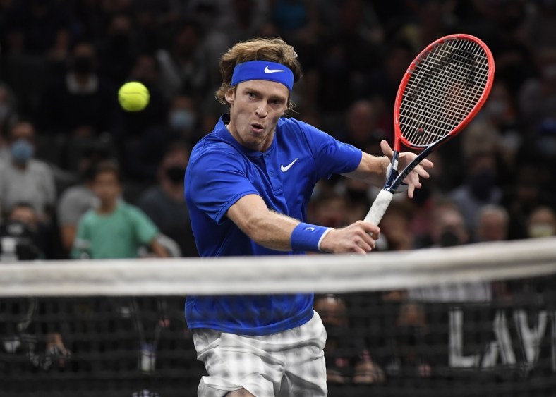 Sep 24, 2021; Boston, MA, USA;  Team Europes Andrey Rublev hits a shot against Team Worlds Diego Schwartzman during the Laver Cup at TD Garden. Mandatory Credit: Bob DeChiara-USA TODAY Sports