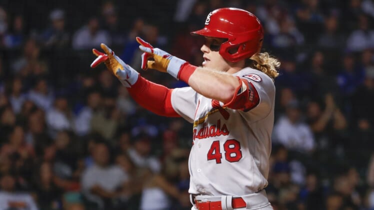 Sep 24, 2021; Chicago, Illinois, USA; St. Louis Cardinals center fielder Harrison Bader (48) celebrates after hitting a solo home run against the Chicago Cubs during the seventh inning of game 2 of a doubleheader at Wrigley Field. Mandatory Credit: Kamil Krzaczynski-USA TODAY Sports