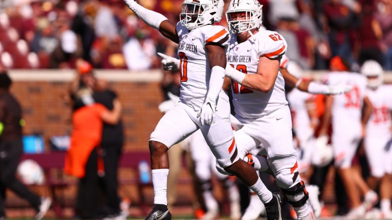 Sep 25, 2021; Minneapolis, Minnesota, USA; Bowling Green Falcons safety Jordan Anderson (0) celebrates after making a game ending interception during the fourth quarter against the Minnesota Gophers at Huntington Bank Stadium. Mandatory Credit: Harrison Barden-USA TODAY Sports