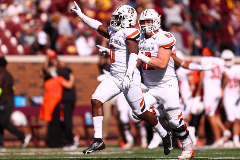 Sep 25, 2021; Minneapolis, Minnesota, USA; Bowling Green Falcons safety Jordan Anderson (0) celebrates after making a game ending interception during the fourth quarter against the Minnesota Gophers at Huntington Bank Stadium. Mandatory Credit: Harrison Barden-USA TODAY Sports