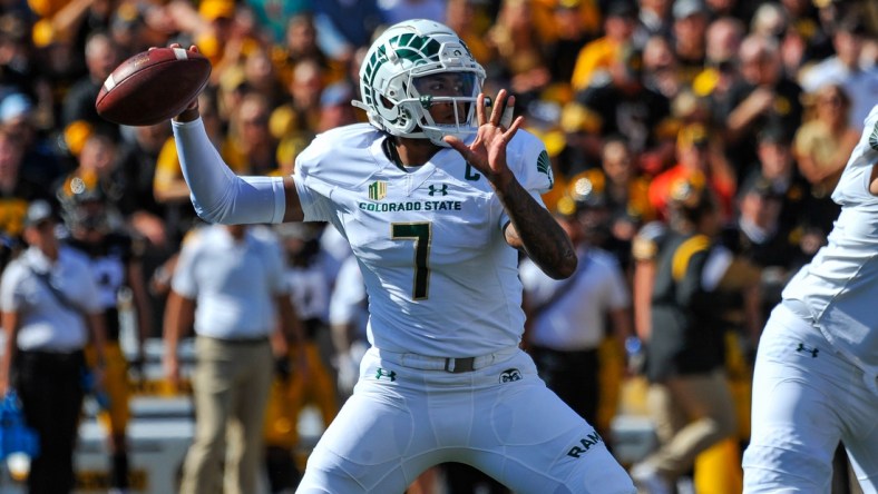 Sep 25, 2021; Iowa City, Iowa, USA; Colorado State Rams quarterback Todd Centeio (7) throws a pass against the Iowa Hawkeyes during the first quarter at Kinnick Stadium. Mandatory Credit: Jeffrey Becker-USA TODAY Sports