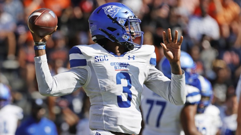 Sep 25, 2021; Auburn, Alabama, USA;  Georgia State Panthers quarterback Darren Grainger (3) rolls out to pass during the first quarter against the Auburn Tigers at Jordan-Hare Stadium. Mandatory Credit: John Reed-USA TODAY Sports