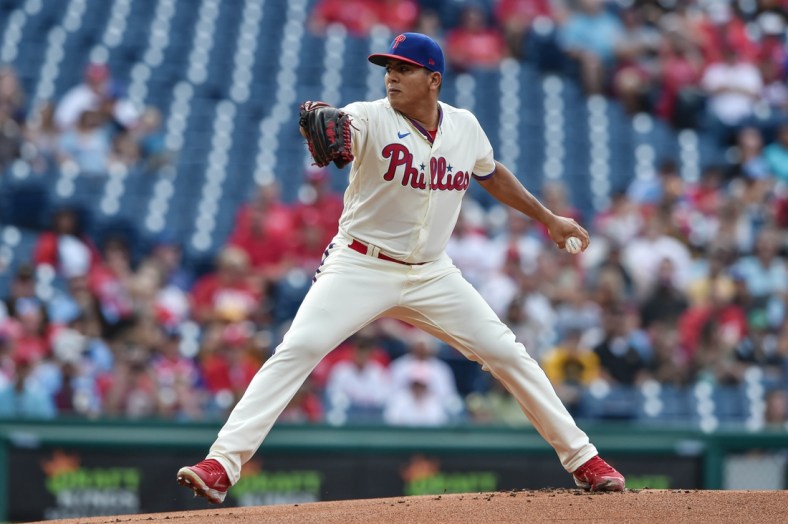 Sep 25, 2021; Philadelphia, Pennsylvania, USA;  Philadelphia Phillies relief pitcher Ranger Suarez (55) pitches during the first inning of the game against the Pittsburgh Pirates at Citizens Bank Park. Mandatory Credit: John Geliebter-USA TODAY Sports