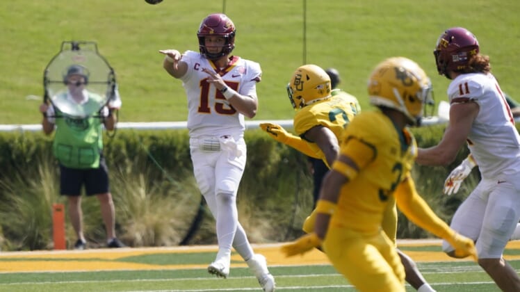 Sep 25, 2021; Waco, Texas, USA; Iowa State Cyclones quarterback Brock Purdy (15) throws a pass in the first half against the Baylor Bears at McLane Stadium. Mandatory Credit: Scott Wachter-USA TODAY Sports