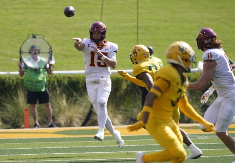 Sep 25, 2021; Waco, Texas, USA; Iowa State Cyclones quarterback Brock Purdy (15) throws a pass in the first half against the Baylor Bears at McLane Stadium. Mandatory Credit: Scott Wachter-USA TODAY Sports