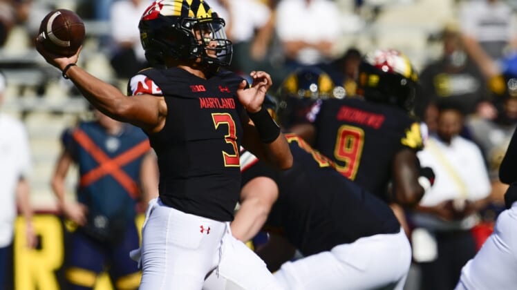 Sep 25, 2021; College Park, Maryland, USA;  Maryland Terrapins quarterback Taulia Tagovailoa (3) throws from the pocket during the first half against the Kent State Golden Flashes at Capital One Field at Maryland Stadium. Mandatory Credit: Tommy Gilligan-USA TODAY Sports