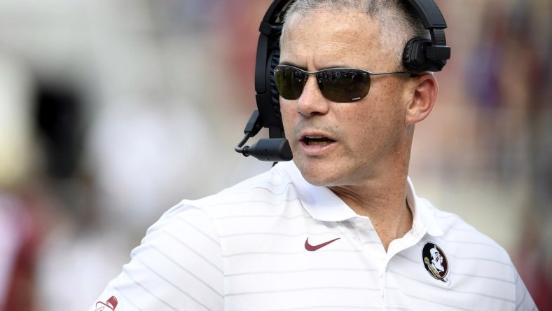 Sep 25, 2021; Tallahassee, Florida, USA; Florida State Seminoles head coach Mike Norvell during the game against the Louisville Cardinals at Doak S. Campbell Stadium. Mandatory Credit: Melina Myers-USA TODAY Sports