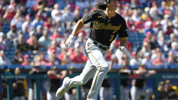 Sep 26, 2021; Philadelphia, Pennsylvania, USA;  Pittsburgh Pirates shortstop Cole Tucker (3) watches his leadoff home run during the first inning against the Philadelphia Phillies at Citizens Bank Park. Mandatory Credit: Eric Hartline-USA TODAY Sports