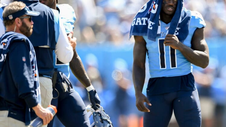 Tennessee Titans wide receiver A.J. Brown (11) on the sidelines during their game against the Colts at Nissan Stadium Sunday, Sept. 26, 2021 in Nashville, Tenn.Titans Colts 153