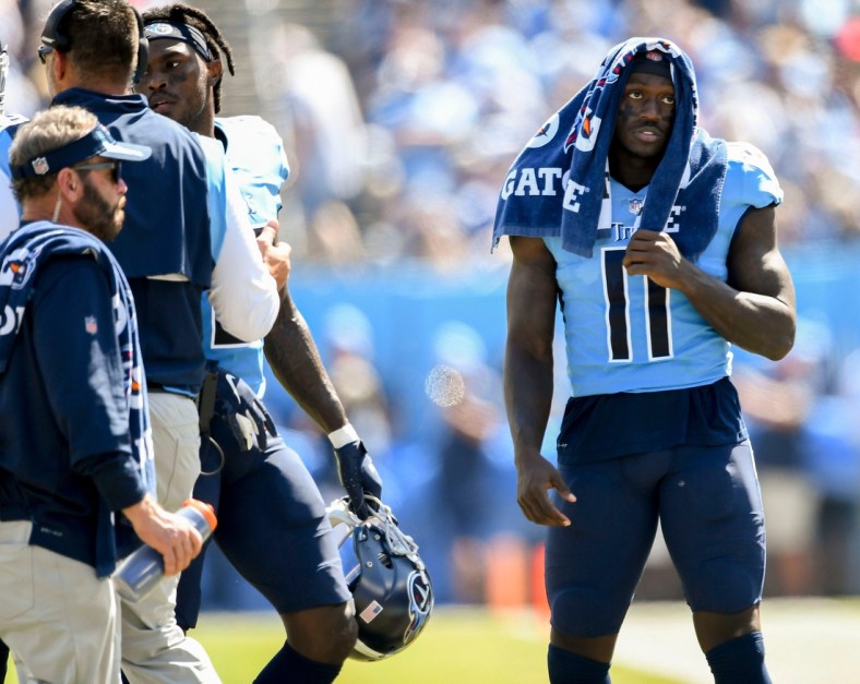 Tennessee Titans wide receiver A.J. Brown (11) on the sidelines during their game against the Colts at Nissan Stadium Sunday, Sept. 26, 2021 in Nashville, Tenn.Titans Colts 153