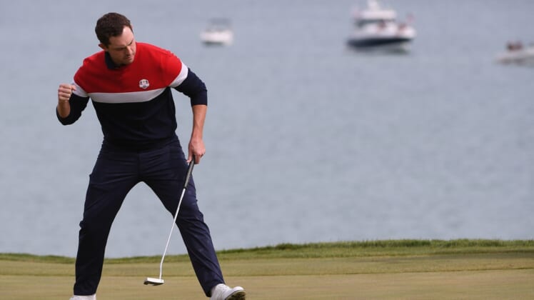 Sep 26, 2021; Haven, Wisconsin, USA; Team USA player Patrick Cantlay reacts to his putt on the third green during day three singles rounds for the 43rd Ryder Cup golf competition at Whistling Straits. Mandatory Credit: Orlando Ramirez-USA TODAY Sports