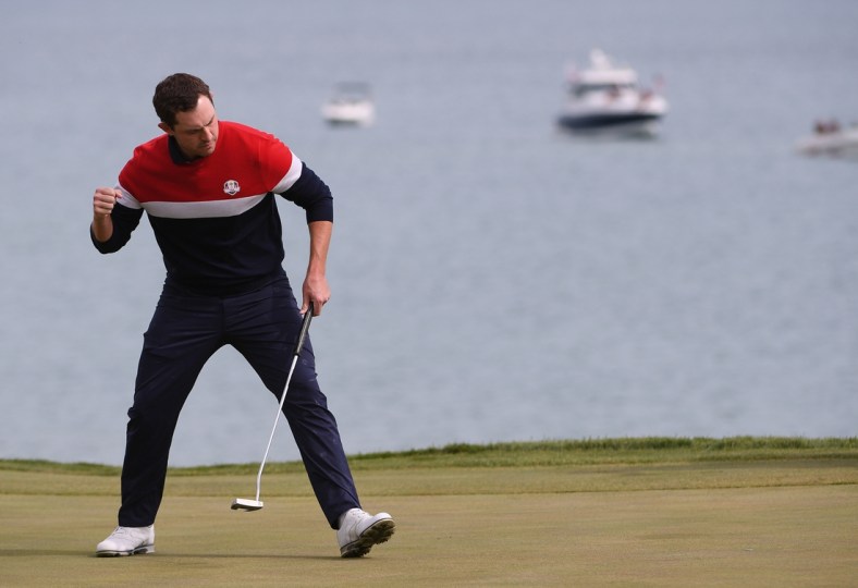 Sep 26, 2021; Haven, Wisconsin, USA; Team USA player Patrick Cantlay reacts to his putt on the third green during day three singles rounds for the 43rd Ryder Cup golf competition at Whistling Straits. Mandatory Credit: Orlando Ramirez-USA TODAY Sports