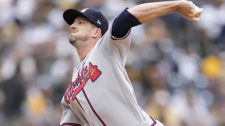 Sep 26, 2021; San Diego, California, USA;  Atlanta Braves relief pitcher Drew Smyly (18) pitches against the San Diego Padres during the third inning at Petco Park. Mandatory Credit: Ray Acevedo-USA TODAY Sports