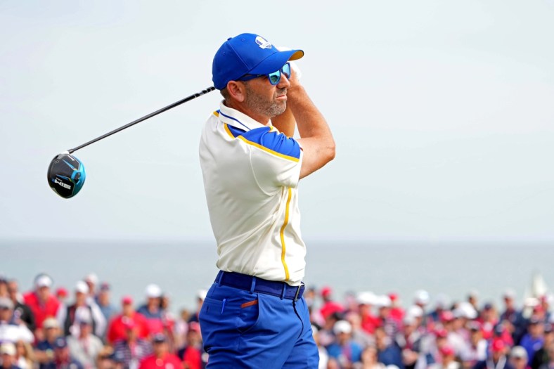 Sep 26, 2021; Haven, Wisconsin, USA; Team Europe player Sergio Garcia plays his shot from the second tee during day two four-ball rounds for the 43rd Ryder Cup golf competition at Whistling Straits. Mandatory Credit: Kyle Terada-USA TODAY Sports