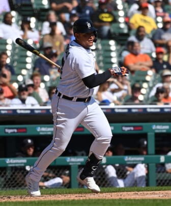 Sep 27, 2021; Detroit, Michigan, USA; Detroit Tigers designated hitter Miguel Cabrera hits career number 2985 in the first inning against the Chicago White Sox at Comerica Park. Mandatory Credit: Dale Young-USA TODAY Sports