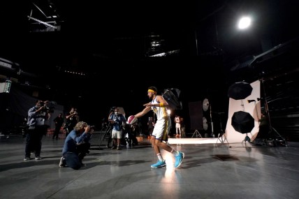 Sep 27, 2021; San Francisco, CA, USA; Golden State Warriors guard Klay Thompson (11) dribbles the ball towards a photographer during Media Day at the Chase Center. Mandatory Credit: Cary Edmondson-USA TODAY Sports