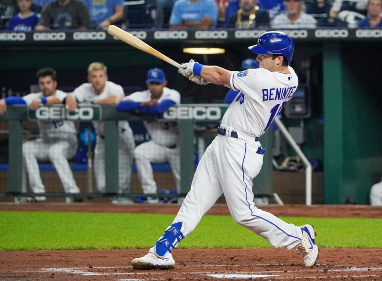 Sep 28, 2021; Kansas City, Missouri, USA; Kansas City Royals left fielder Andrew Benintendi (16) hits a two run home run against the Cleveland Indians in the first inning at Kauffman Stadium. Mandatory Credit: Denny Medley-USA TODAY Sports