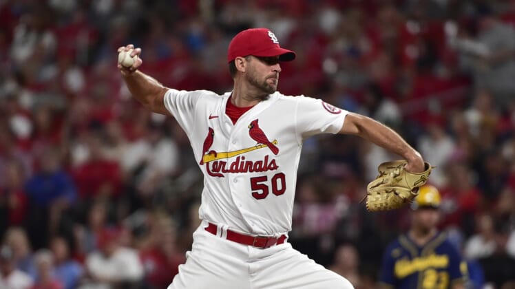 Sep 28, 2021; St. Louis, Missouri, USA;  St. Louis Cardinals starting pitcher Adam Wainwright (50) pitches during the fourth inning against the Milwaukee Brewers at Busch Stadium. Mandatory Credit: Jeff Curry-USA TODAY Sports