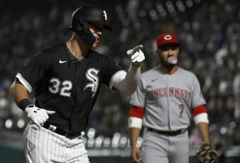 Sep 28, 2021; Chicago, Illinois, USA;  Chicago White Sox first baseman Gavin Sheets (32) reacts after hitting a home run during the fourth inning against the Cincinnati Reds at Guaranteed Rate Field. Mandatory Credit: Matt Marton-USA TODAY Sports