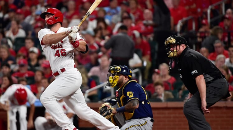 Sep 28, 2021; St. Louis, Missouri, USA;  St. Louis Cardinals first baseman Paul Goldschmidt (46) hits a single during the third inning against the Milwaukee Brewers at Busch Stadium. Mandatory Credit: Jeff Curry-USA TODAY Sports