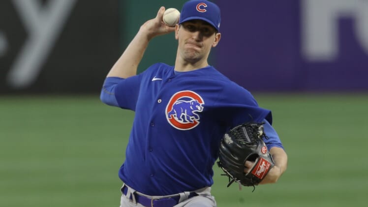 Sep 29, 2021; Pittsburgh, Pennsylvania, USA;  Chicago Cubs starting pitcher Kyle Hendricks (28) delivers a pitch against the Pittsburgh Pirates during the first inning at PNC Park. Mandatory Credit: Charles LeClaire-USA TODAY Sports
