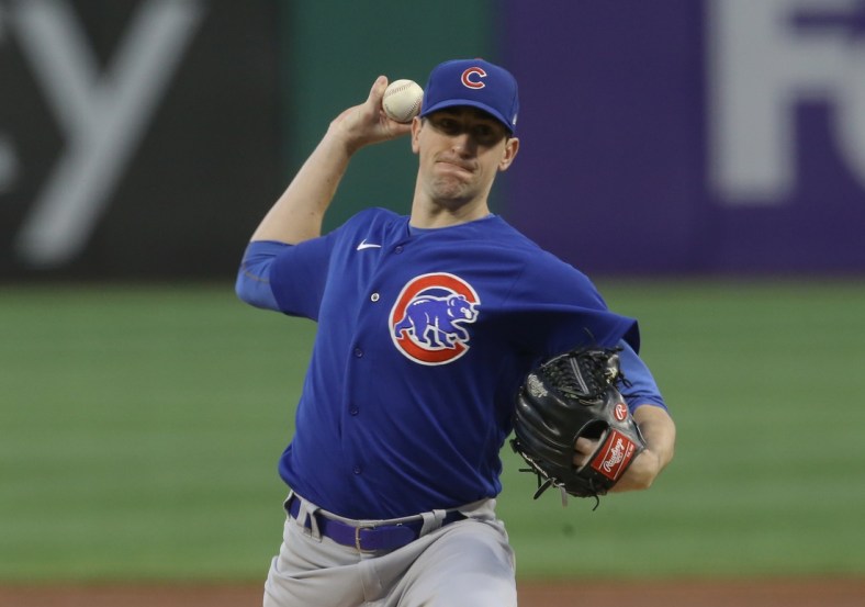 Sep 29, 2021; Pittsburgh, Pennsylvania, USA;  Chicago Cubs starting pitcher Kyle Hendricks (28) delivers a pitch against the Pittsburgh Pirates during the first inning at PNC Park. Mandatory Credit: Charles LeClaire-USA TODAY Sports