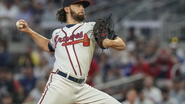Sep 30, 2021; Cumberland, Georgia, USA; Atlanta Braves starting pitcher Ian Anderson (36) pitches against the Philadelphia Phillies during the first inning at Truist Park. Mandatory Credit: Dale Zanine-USA TODAY Sports