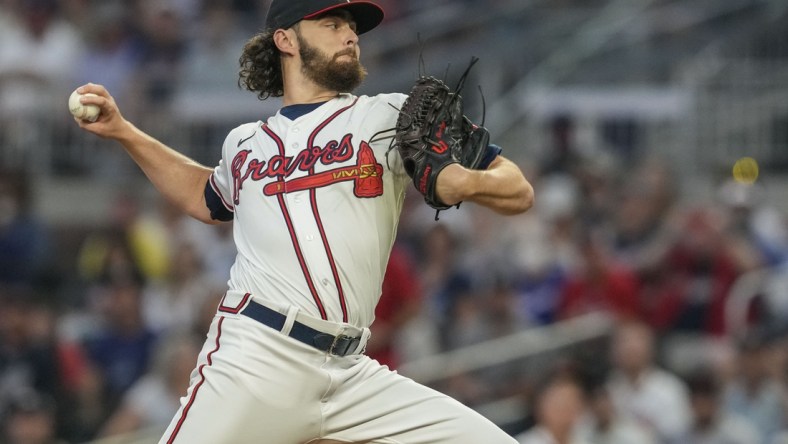 Sep 30, 2021; Cumberland, Georgia, USA; Atlanta Braves starting pitcher Ian Anderson (36) pitches against the Philadelphia Phillies during the first inning at Truist Park. Mandatory Credit: Dale Zanine-USA TODAY Sports