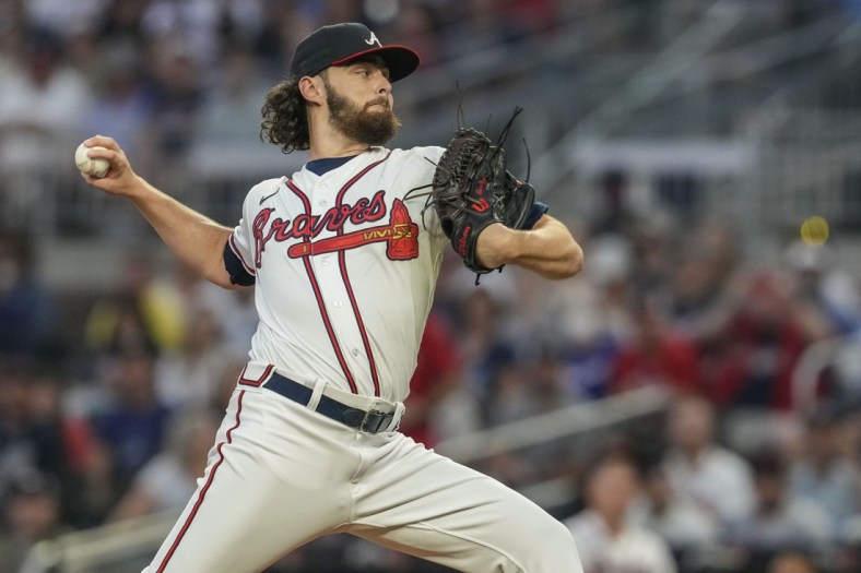 Sep 30, 2021; Cumberland, Georgia, USA; Atlanta Braves starting pitcher Ian Anderson (36) pitches against the Philadelphia Phillies during the first inning at Truist Park. Mandatory Credit: Dale Zanine-USA TODAY Sports