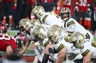 Aug 23, 2021; New Orleans, Louisiana, USA;  New Orleans Saints helmets during the game between the New Orleans Saints and the Jacksonville Jaguars during the first half at Caesars Superdome. Mandatory Credit: Stephen Lew-USA TODAY Sports