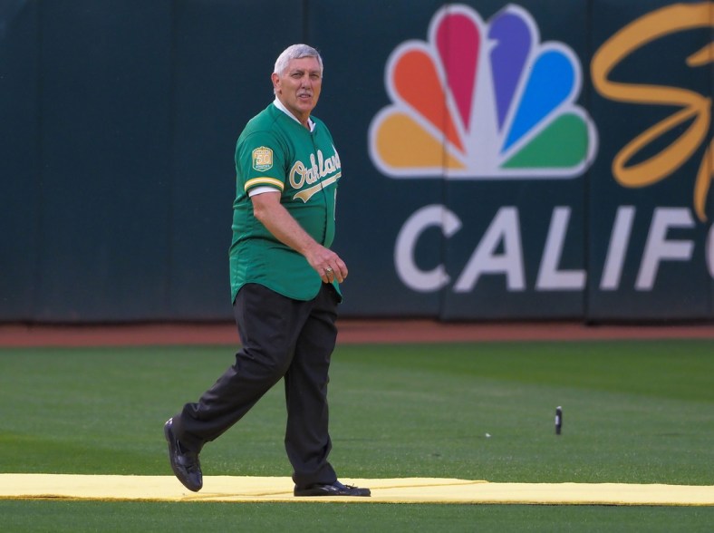 Mar 30, 2018; Oakland, CA, USA; Oakland Athletics retired player Ray Fosse during a presentation to recognize the 50th anniversary team at Oakland Coliseum. Mandatory Credit: Kelley L Cox-USA TODAY Sports