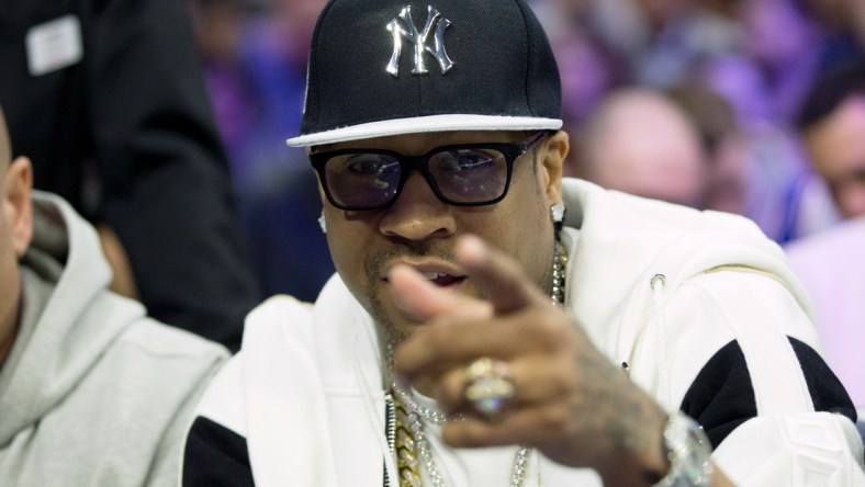 Apr 16, 2018; Philadelphia, PA, USA; NBA Hall of Fame member and Philadelphia 76ers former player Allen Iverson looks on during the second quarter in game two of the first round of the 2018 NBA Playoffs against the Miami Heat at Wells Fargo Center. Mandatory Credit: Bill Streicher-USA TODAY Sports