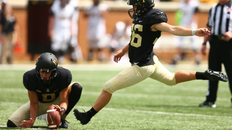 Sep 8, 2018; Winston-Salem, NC, USA; Wake Forest Demon Deacons place kicker Nick Sciba (96) attempts a field goal in the second quarter against the Towson Tigers at BB&T Field. Mandatory Credit: Jeremy Brevard-USA TODAY Sports