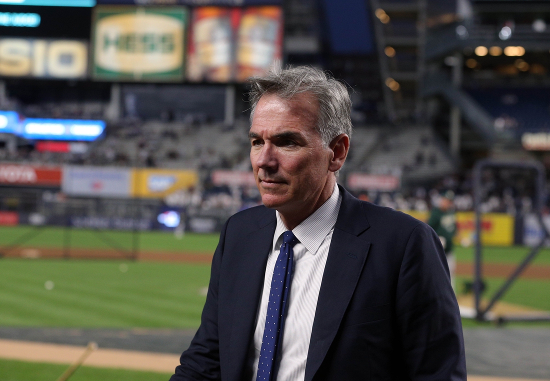 Oct 3, 2018; Bronx, NY, USA; Oakland Athletics vice president of baseball operations Billy Beane walks onto the field before the game against the New York Yankees in the 2018 American League wild card playoff baseball game at Yankee Stadium. Mandatory Credit: Brad Penner-USA TODAY Sports