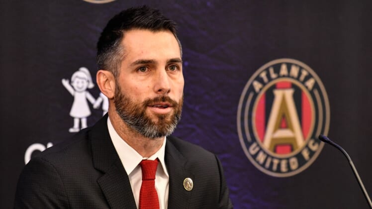 Jan 14, 2019; Marietta, GA, USA; Atlanta United technical manager Carlos Bocanegra introduces new head coach Frank de Boerduring (not shown) during a press conference at Childrens Healthcare of Atlanta Training Ground. Mandatory Credit: Dale Zanine-USA TODAY Sports